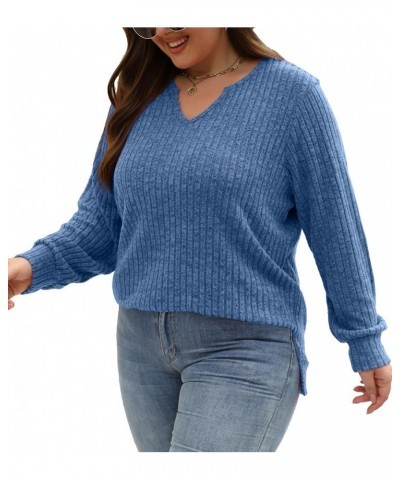 Womens Fall Fashion 2023 Plus Size Tops Long Sleeve V Neck Lightweight Sweaters Loose Casual Tunic Tops L-4XL Blue $10.00 Tops