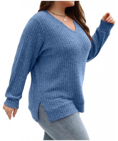 Womens Fall Fashion 2023 Plus Size Tops Long Sleeve V Neck Lightweight Sweaters Loose Casual Tunic Tops L-4XL Blue $10.00 Tops