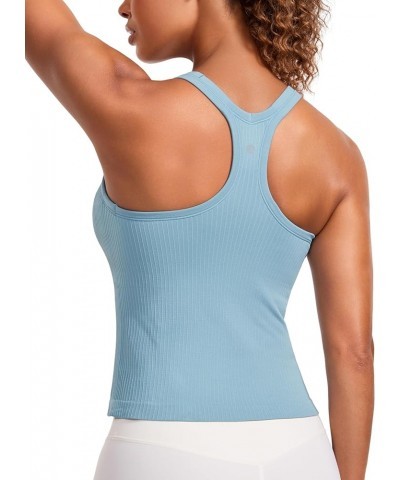 Seamless Ribbed Womens Tank Top Racerback Camisoles with Built in Bra Padded Scoop Neck Athletic Workout Slim Tanks Pure Blue...