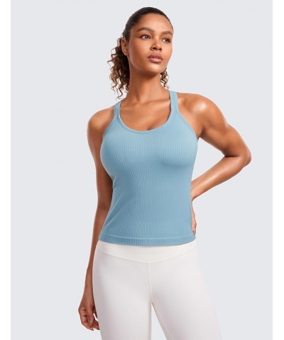 Seamless Ribbed Womens Tank Top Racerback Camisoles with Built in Bra Padded Scoop Neck Athletic Workout Slim Tanks Pure Blue...