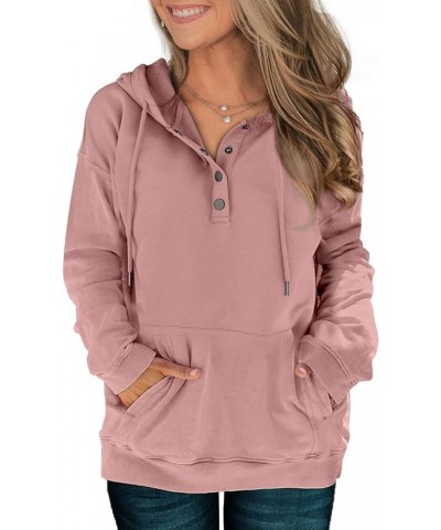 Womens Hoodies Sweatshirts Casual Long Sleeve Half Zip/Button Down Pullover Drawstring Loose Tops with Pockets Pink Button Up...