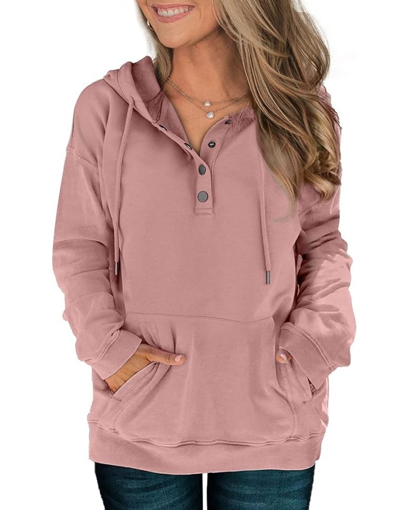 Womens Hoodies Sweatshirts Casual Long Sleeve Half Zip/Button Down Pullover Drawstring Loose Tops with Pockets Pink Button Up...