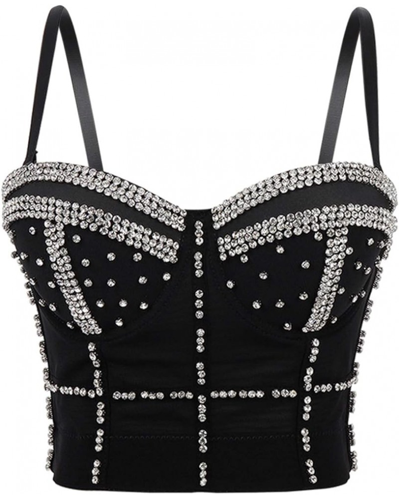 Women Camisole Tanks with Bulit in Bra Shiny Rhinestone Crop Top Padded Corset Bustier Party Clubwear Black $10.49 Tanks