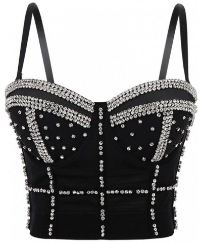 Women Camisole Tanks with Bulit in Bra Shiny Rhinestone Crop Top Padded Corset Bustier Party Clubwear Black $10.49 Tanks