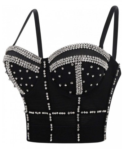 Women Camisole Tanks with Bulit in Bra Shiny Rhinestone Crop Top Padded Corset Bustier Party Clubwear Black $10.49 Tanks