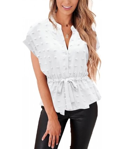 Womens Button Down Blouses Casual Peplum Summer Tops Dressy Chiffon Work Blouse White Pompom $14.85 Blouses