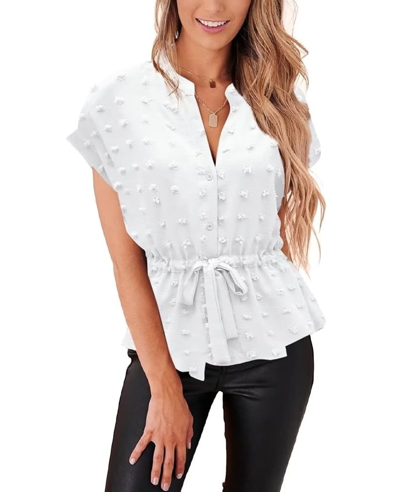 Womens Button Down Blouses Casual Peplum Summer Tops Dressy Chiffon Work Blouse White Pompom $14.85 Blouses