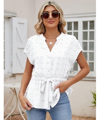 Womens Button Down Blouses Casual Peplum Summer Tops Dressy Chiffon Work Blouse White Pompom $14.85 Blouses