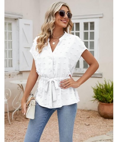 Womens Button Down Blouses Casual Peplum Summer Tops Dressy Chiffon Work Blouse White Pompom $14.85 Blouses