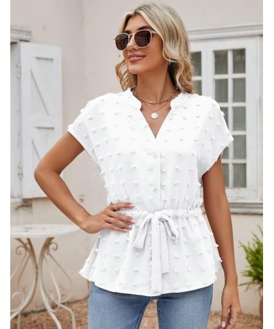 Womens Button Down Blouses Casual Peplum Summer Tops Dressy Chiffon Work Blouse White Pompom $14.85 Blouses