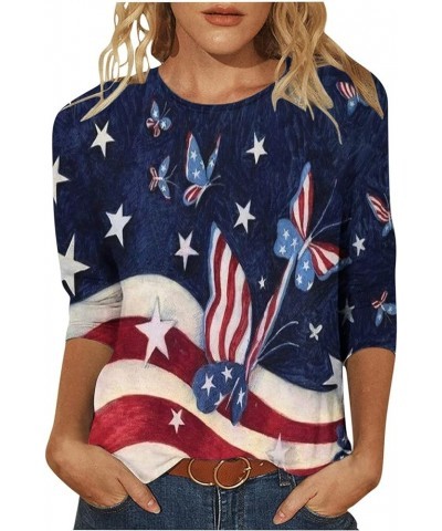 Womens America Flag Shirts 2023 Trendy Stars Stripes Patriotic Tee Shirt 3/4 Sleeve Independence Day T-Shirt Tops 01dark Blue...