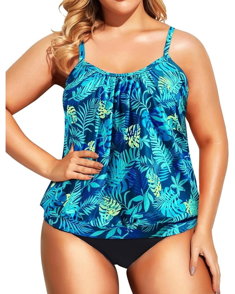 Plus Size Tankini Swimsuit for Women Tummy Control Two Piece Bathing Suit Tankini Blue Leaf $20.29 Swimsuits