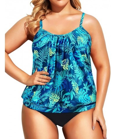 Plus Size Tankini Swimsuit for Women Tummy Control Two Piece Bathing Suit Tankini Blue Leaf $20.29 Swimsuits