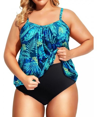 Plus Size Tankini Swimsuit for Women Tummy Control Two Piece Bathing Suit Tankini Blue Leaf $20.29 Swimsuits