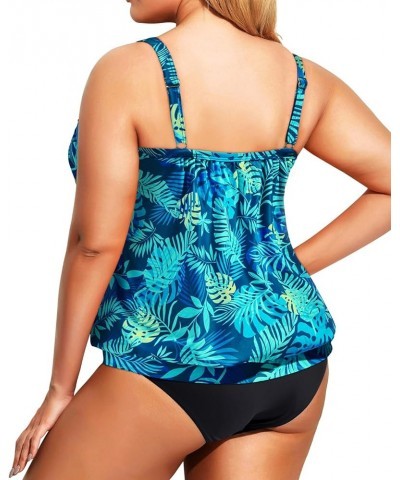 Plus Size Tankini Swimsuit for Women Tummy Control Two Piece Bathing Suit Tankini Blue Leaf $20.29 Swimsuits