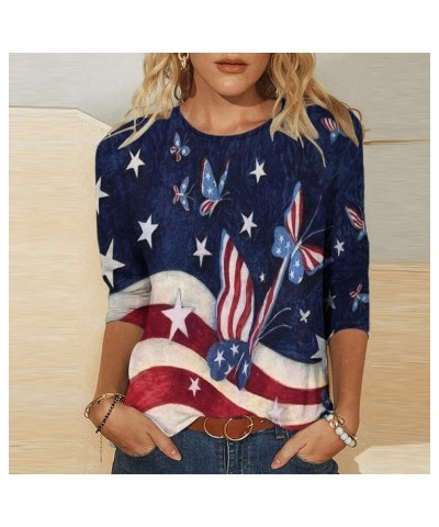 Womens America Flag Shirts 2023 Trendy Stars Stripes Patriotic Tee Shirt 3/4 Sleeve Independence Day T-Shirt Tops 01dark Blue...