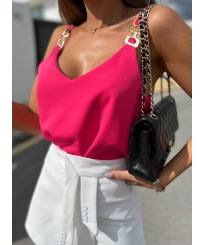 Womens Tops Chain Straps V Neck Chiffon Cami Shirts Fashion Tank Tops Sleeveless Blouses Tops Hot Pink $14.99 Tanks