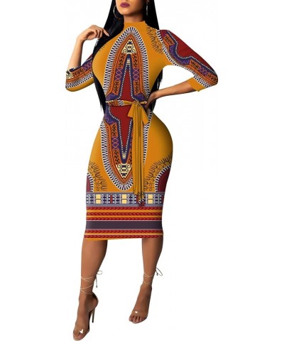 Womes Printted Bodycon 3/4 Sleeve Church Business Midi Pencil Dress with Belt 9069-3yellowprint $10.25 Dresses