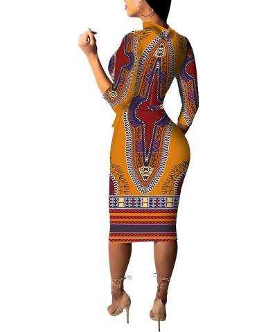 Womes Printted Bodycon 3/4 Sleeve Church Business Midi Pencil Dress with Belt 9069-3yellowprint $10.25 Dresses