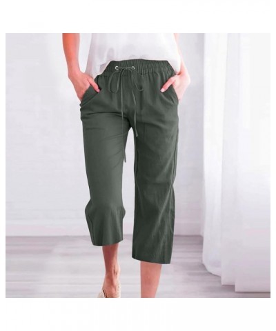 Capri Pants for Women Casual 2023 Summer Drawstring Elastic High Waist Linen Pant Straight Wide Leg Cropped Trouser 09 Army G...