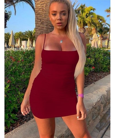 Women's Sexy Sleeveless Ruched Spaghetti Strap Bodycon Mini Club Party Dress Wine Red $19.19 Dresses