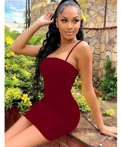 Women's Sexy Sleeveless Ruched Spaghetti Strap Bodycon Mini Club Party Dress Wine Red $19.19 Dresses