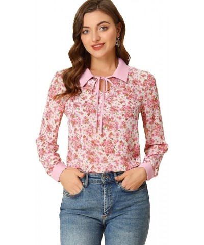 Floral Tops for Women's Contrast Tie Neck Long Sleeve Sheer Top White Pink $12.69 Blouses