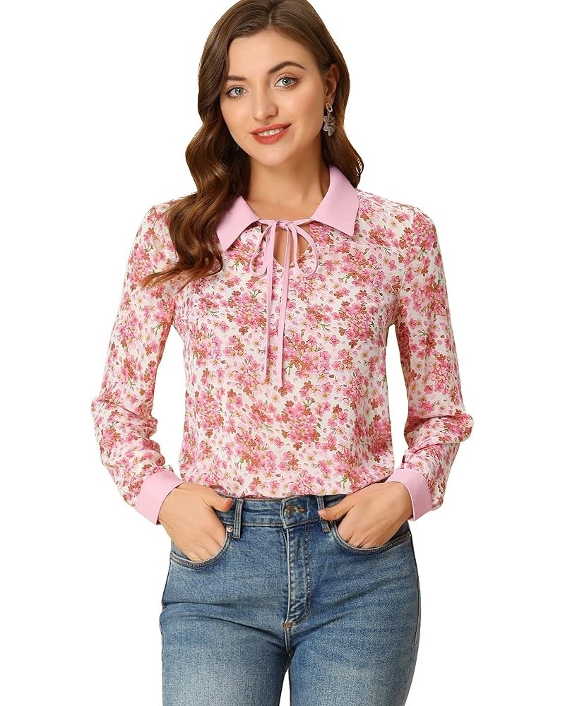 Floral Tops for Women's Contrast Tie Neck Long Sleeve Sheer Top White Pink $12.69 Blouses