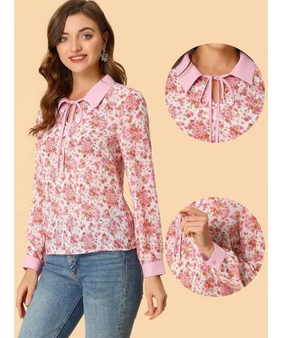 Floral Tops for Women's Contrast Tie Neck Long Sleeve Sheer Top White Pink $12.69 Blouses