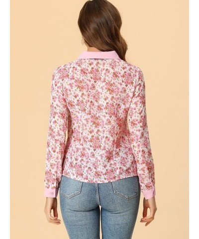 Floral Tops for Women's Contrast Tie Neck Long Sleeve Sheer Top White Pink $12.69 Blouses