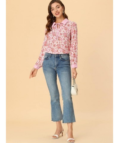 Floral Tops for Women's Contrast Tie Neck Long Sleeve Sheer Top White Pink $12.69 Blouses