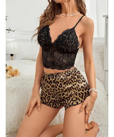 Women's 2Pcs Floral Lace Cami Top with Shorts Sleepwear Pajama Set Multicoloured Black $11.00 Sleep & Lounge