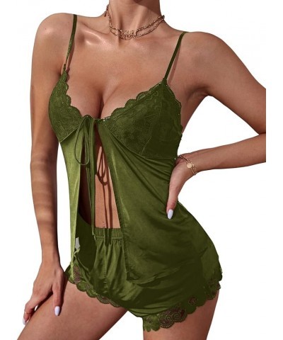 Women's Lace Trim Tie Front Scallop Cami Top and Shorts 2 Piece Pajama Set Army Green $15.59 Sleep & Lounge