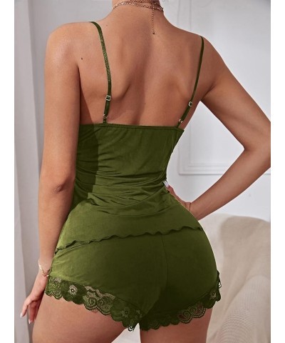 Women's Lace Trim Tie Front Scallop Cami Top and Shorts 2 Piece Pajama Set Army Green $15.59 Sleep & Lounge