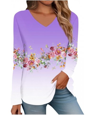 Dressy Tunic Tops for Women Blouses for Women V Neck Long Sleeve Shirts Floral Printed Vintage Tees Spring Clothes 02-purple ...