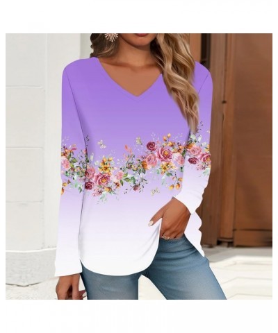 Dressy Tunic Tops for Women Blouses for Women V Neck Long Sleeve Shirts Floral Printed Vintage Tees Spring Clothes 02-purple ...