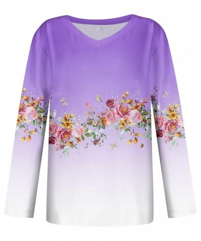 Dressy Tunic Tops for Women Blouses for Women V Neck Long Sleeve Shirts Floral Printed Vintage Tees Spring Clothes 02-purple ...