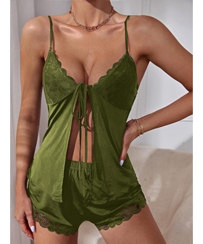 Women's Lace Trim Tie Front Scallop Cami Top and Shorts 2 Piece Pajama Set Army Green $15.59 Sleep & Lounge