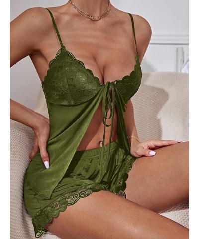 Women's Lace Trim Tie Front Scallop Cami Top and Shorts 2 Piece Pajama Set Army Green $15.59 Sleep & Lounge