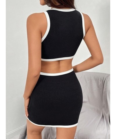 Women's Contrast Binding Cut Out Waist Bodycon Mini Dress Sleeveless Tank Dress Black and White $11.11 Dresses