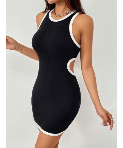 Women's Contrast Binding Cut Out Waist Bodycon Mini Dress Sleeveless Tank Dress Black and White $11.11 Dresses