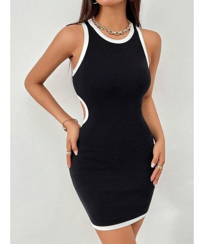 Women's Contrast Binding Cut Out Waist Bodycon Mini Dress Sleeveless Tank Dress Black and White $11.11 Dresses