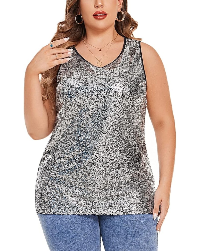 Women's Sequin Tops Plus Size Glitter Tank Top Sleeveless Sparkle Shimmer Shirt Tops Gun Silver $25.47 Tanks