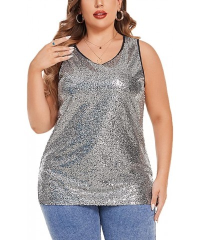 Women's Sequin Tops Plus Size Glitter Tank Top Sleeveless Sparkle Shimmer Shirt Tops Gun Silver $25.47 Tanks