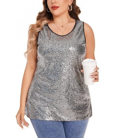 Women's Sequin Tops Plus Size Glitter Tank Top Sleeveless Sparkle Shimmer Shirt Tops Gun Silver $25.47 Tanks