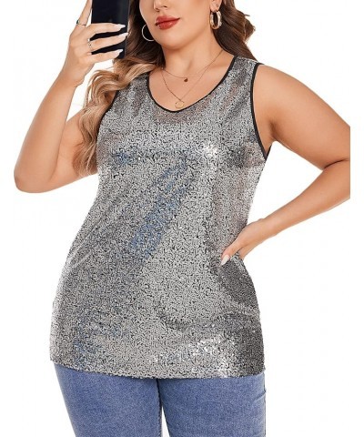 Women's Sequin Tops Plus Size Glitter Tank Top Sleeveless Sparkle Shimmer Shirt Tops Gun Silver $25.47 Tanks