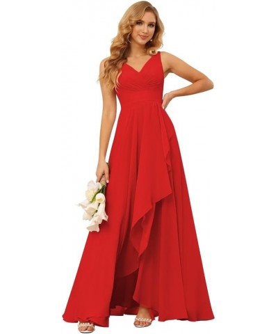 Women's V Neck Bridesmaid Dresses with Slit Ruched Waist Chiffon Pleated Formal Party Dress YMS340 Red $28.57 Dresses