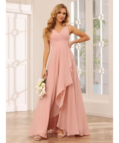 Women's V Neck Bridesmaid Dresses with Slit Ruched Waist Chiffon Pleated Formal Party Dress YMS340 Red $28.57 Dresses