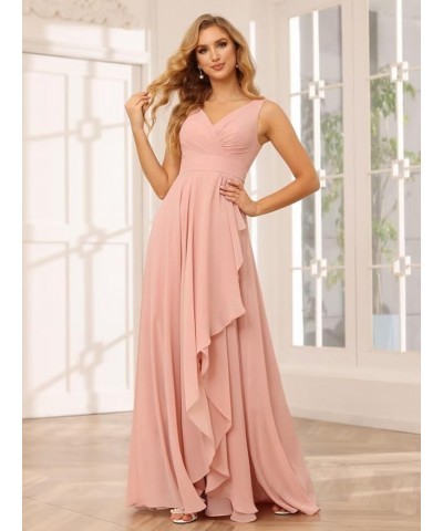 Women's V Neck Bridesmaid Dresses with Slit Ruched Waist Chiffon Pleated Formal Party Dress YMS340 Red $28.57 Dresses