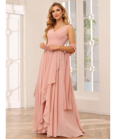 Women's V Neck Bridesmaid Dresses with Slit Ruched Waist Chiffon Pleated Formal Party Dress YMS340 Red $28.57 Dresses